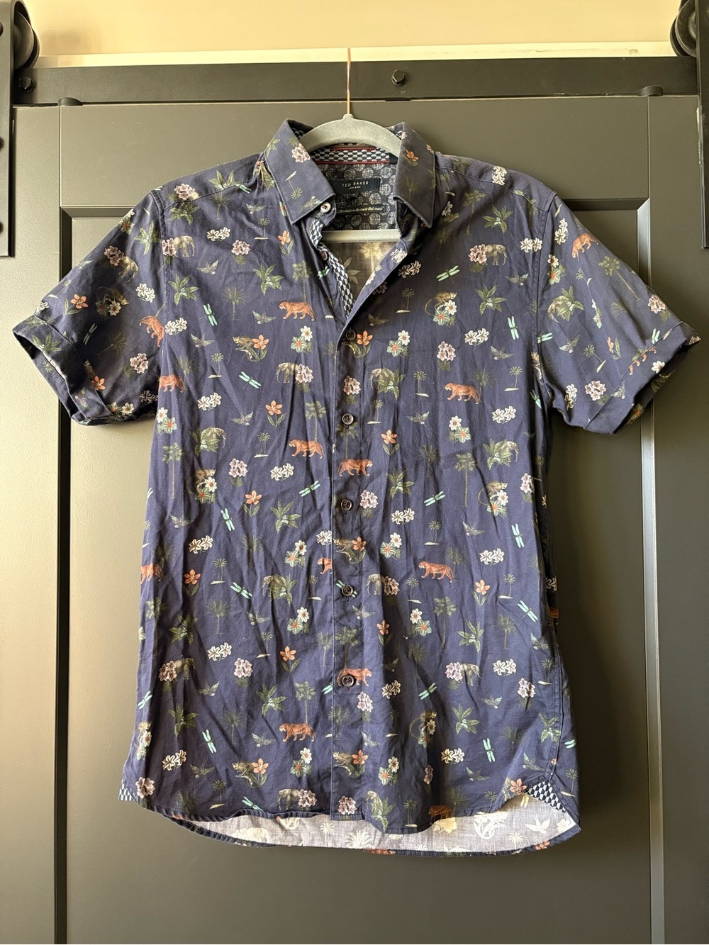Ted Baker London Navy Short-Sleeve Button-Down with Floral & Animal Print
